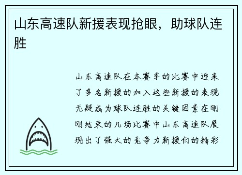 山东高速队新援表现抢眼，助球队连胜